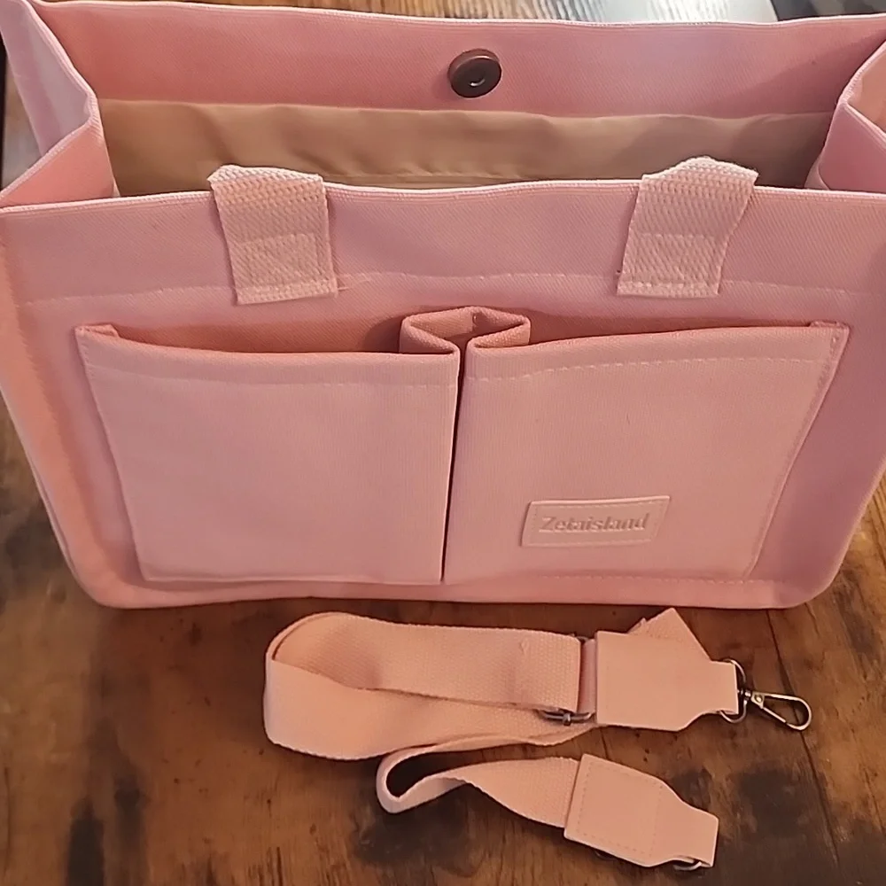 Pink Canvas Tote Bag Versatile Stripes Hobo Shoulder Bag, MultiCompartments